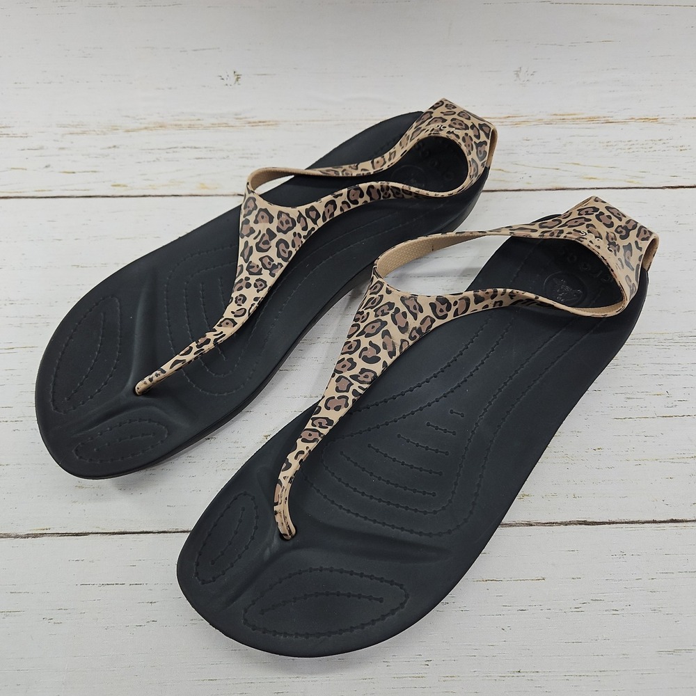 Crocs Serena Sexi Flip Womens 11 Black Leopard Thong Flip Flop T-Strap Slingback